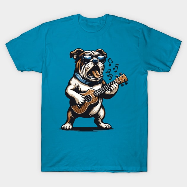 Bulldog Playing Guitar Singing English Bulldog Funny T-Shirt by BraaiNinja